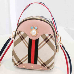 Plaid Pattern Striped Straps Crossbody Bag, Colorblock Pearl Deco Multi-Functional Muti-Wear Backpack, Women's Bag